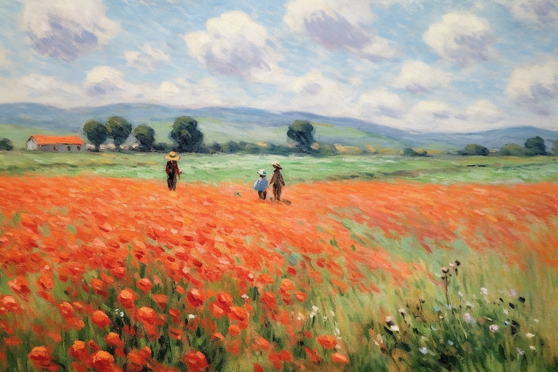 Red Poppy Field Walkers Blue Sky Impressionist Meadow Poster