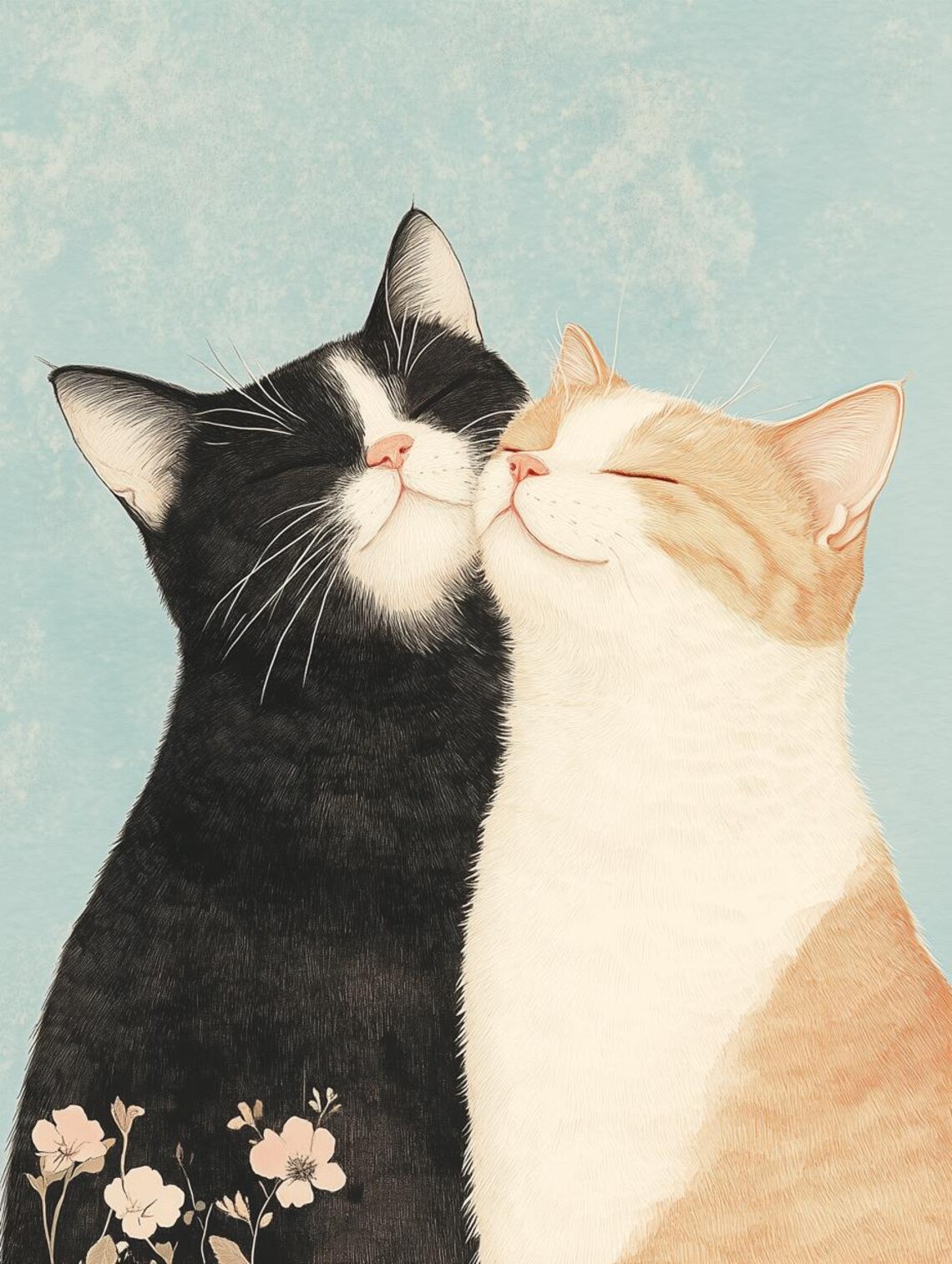 Sweet Pair of Cuddling Cats Tuxedo and Cream Fur Love Poster