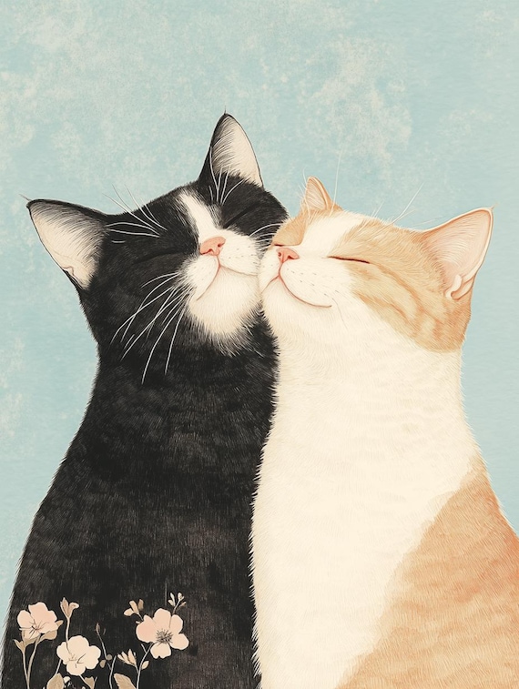 Sweet Pair of Cuddling Cats Tuxedo and Cream Fur Love Poster