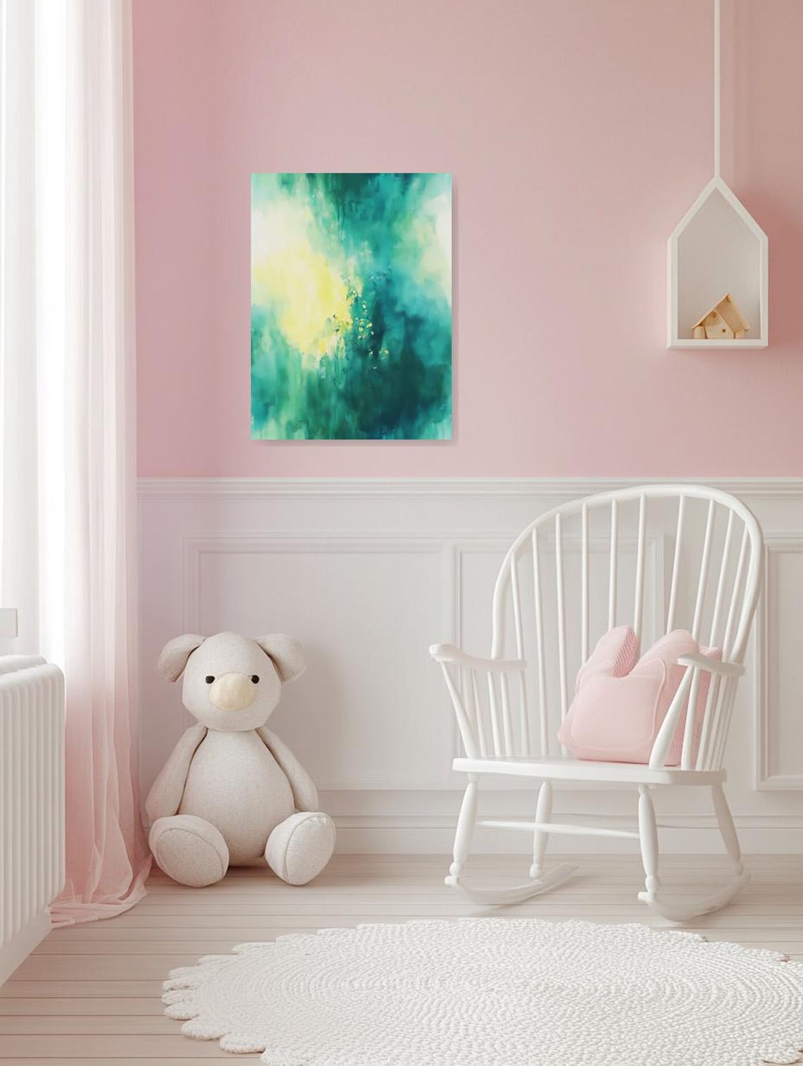 Dreamy Teal and Yellow Abstract Watercolor Mist Painting Poster - Image 2