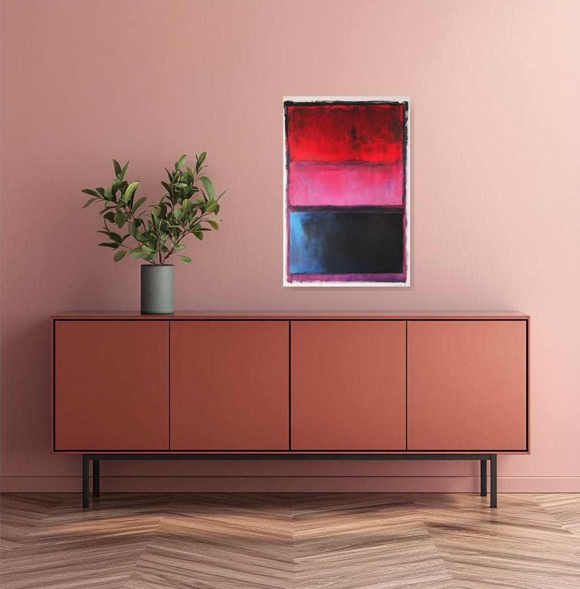 Custom Wall Art Inspired By Rothko With Bold Red Pink Black Color Blocks For Modern Home Decor - Image 2