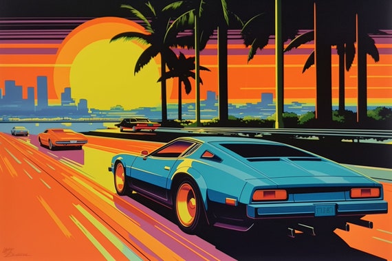 Hiroshi Nagai Inspired Sunset Drive Pop Art Style Print Of Orange And Blue Sports Cars Print Available