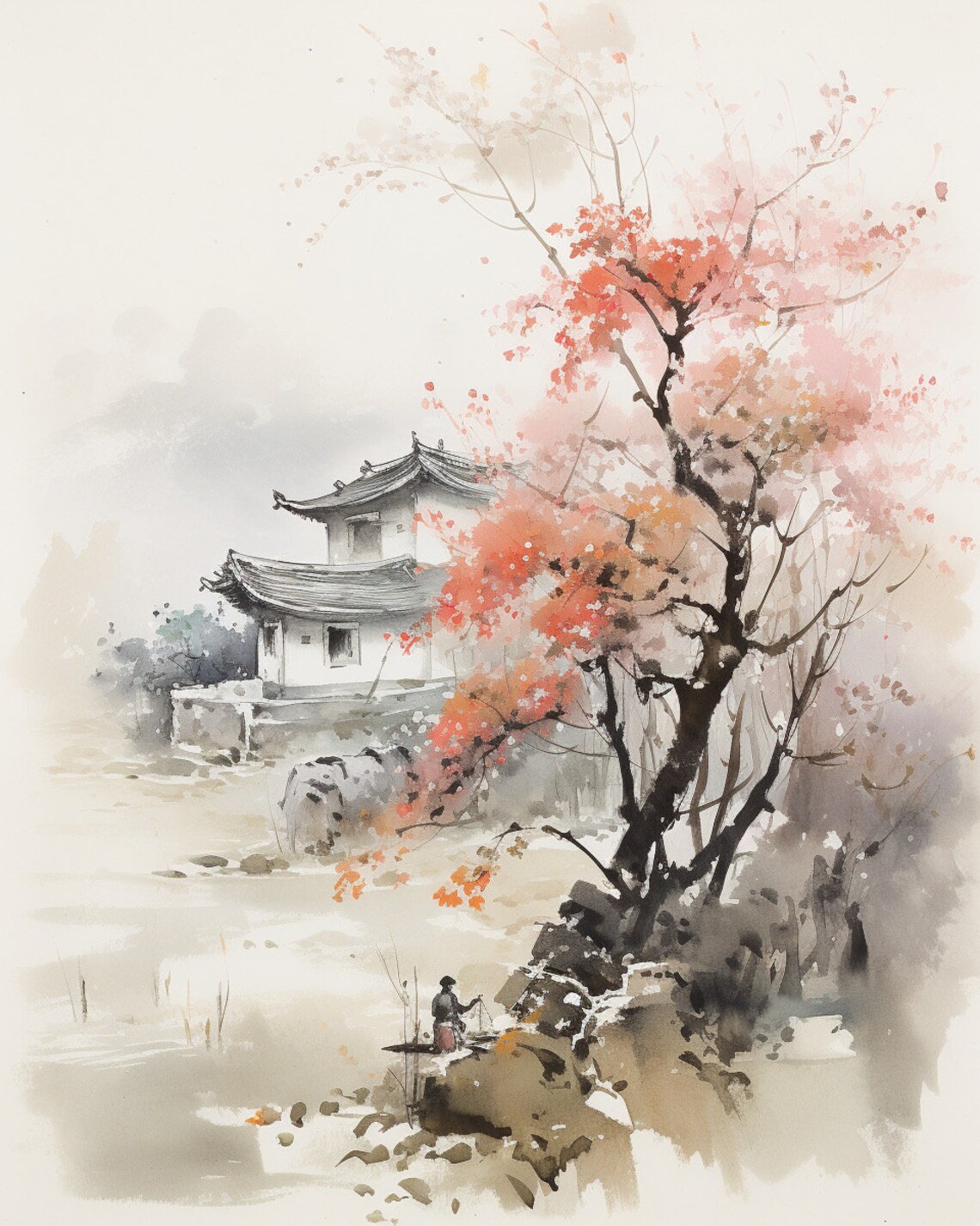Chinese Ink Wash Pagoda Blossom Tree Serene Landscape Poster
