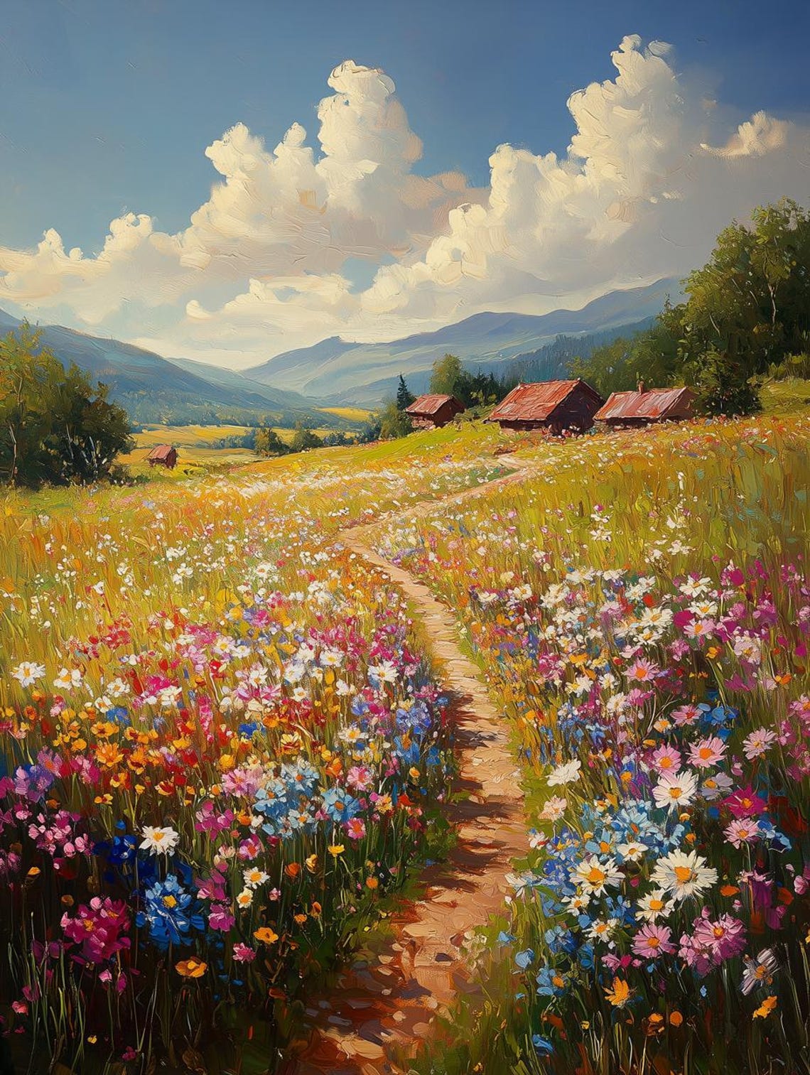 Bright Summer Wildflower Meadow Path with Wooden Cabins Poster