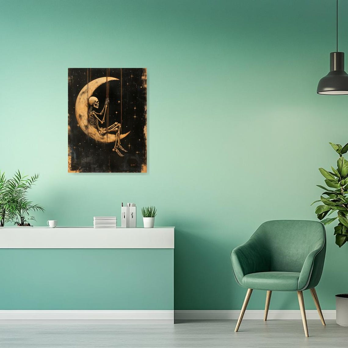 Whimsical Golden Skeleton Lounging on a Glowing Crescent Moon Poster - Image 3