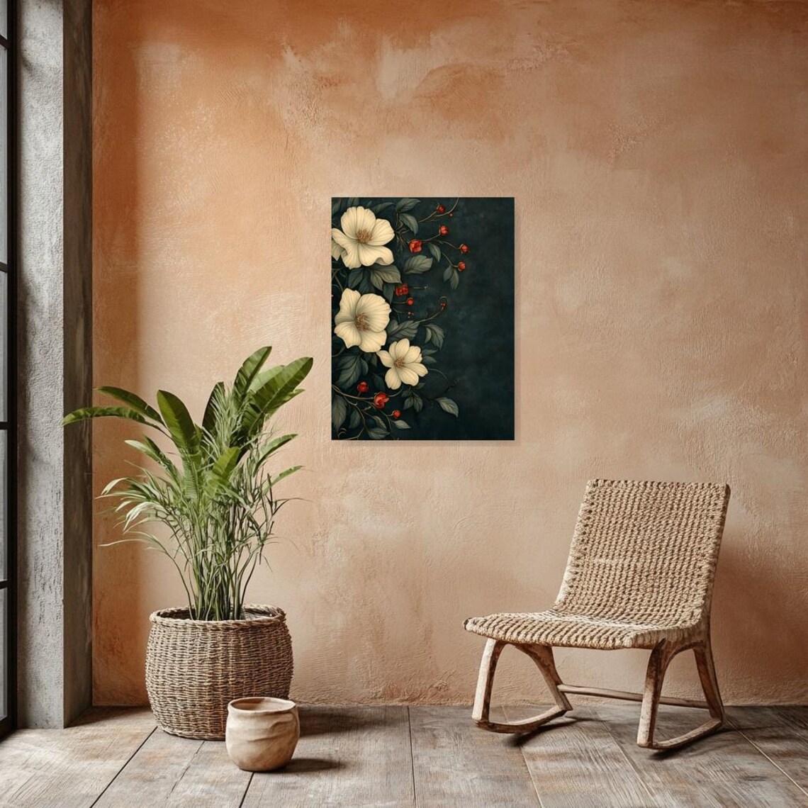 William Morris-Style White Flowers on Dark Teal Floral Poster - Image 2