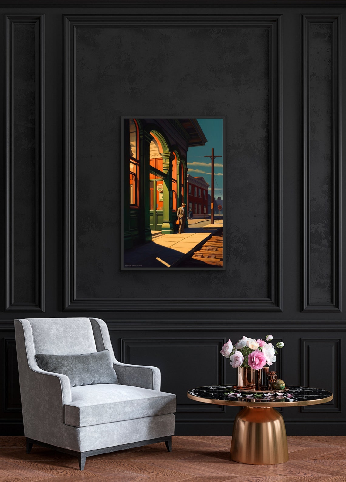 Man Waiting at Train Station at Night Hopper Style American Art Poster - Image 2