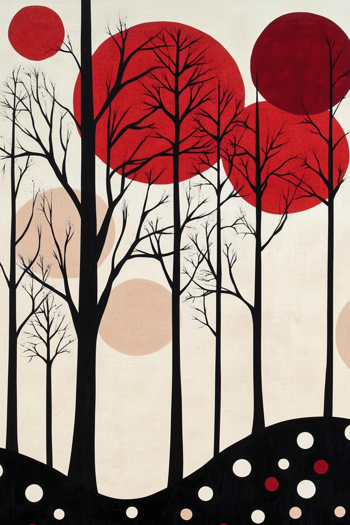 Modern Abstract Tree Art Print In The Style Of Klee With Red And Beige Circular Elements For Unique Home Decor
