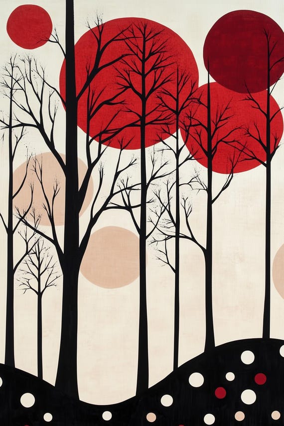 Modern Abstract Tree Art Print In The Style Of Klee With Red And Beige Circular Elements For Unique Home Decor