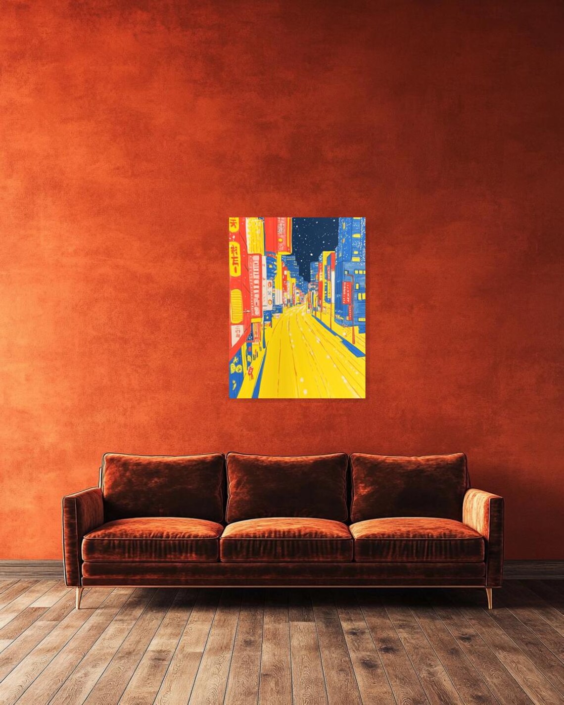 Vibrant Neon City Street At Night In Yellow Blue And Red Tones Poster - Image 3