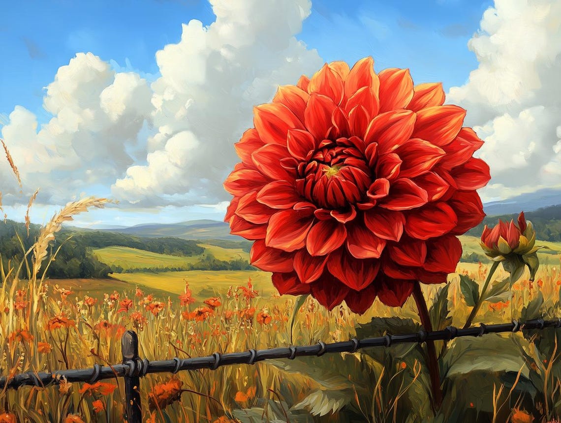 Giant Red Dahlia Bloom Towering Above a Golden Meadow Poster