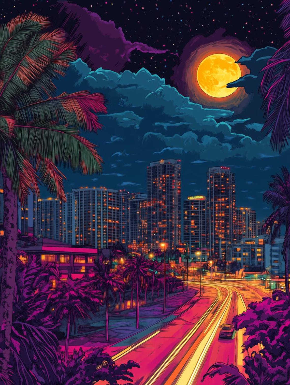 Neon Moonlit Palm City Skyline Night Retro Synthwave Urban Poster