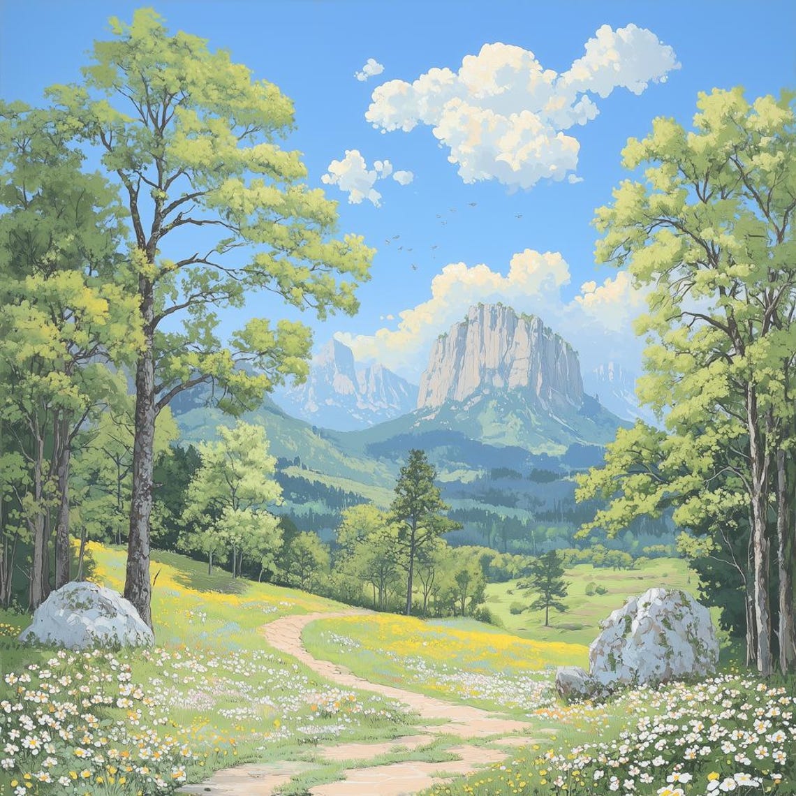 Sunlit Mountain Valley Path With Wildflowers Luminous Landscape Poster