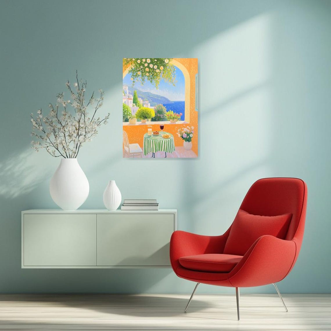 Sunny Coastal Terrace Cafe Table With Sea View Floral Art Poster - Image 3
