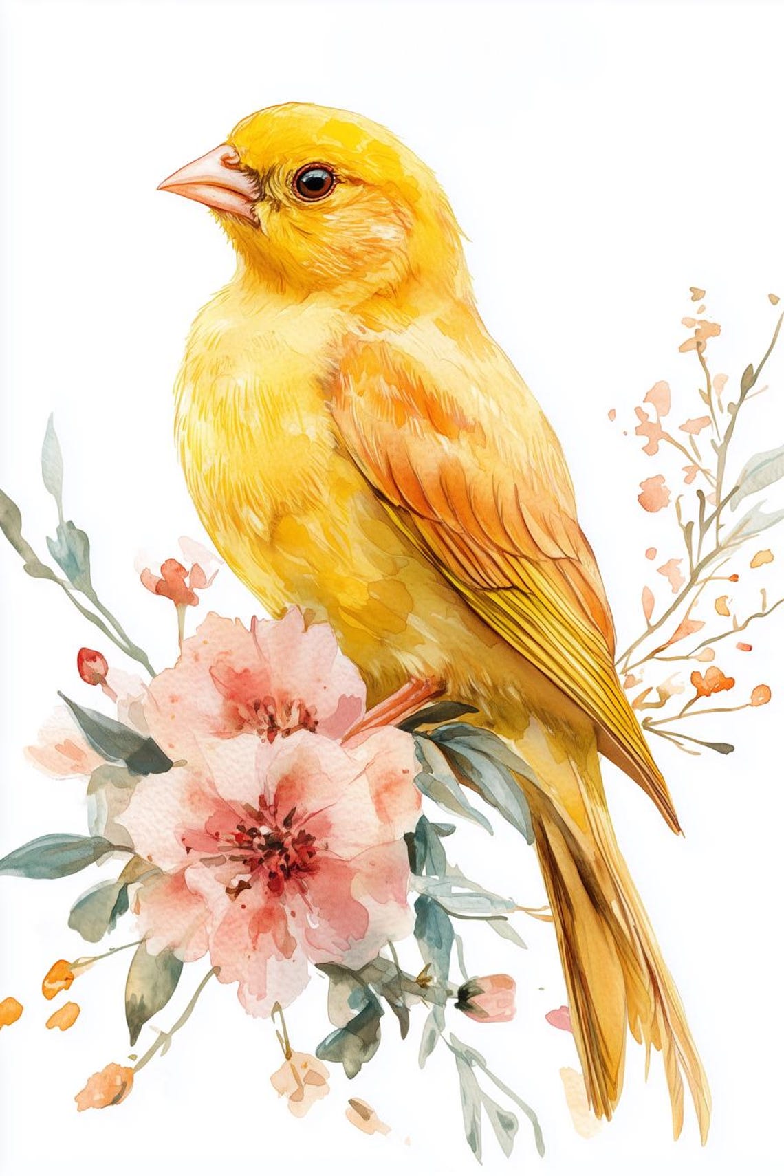 Sunny Yellow Canary Pink Blossoms Watercolor Bird Art Poster
