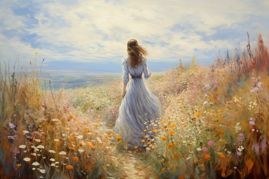 Serene Seascape Girl Among Coastal Wildflowers Meadow Poster