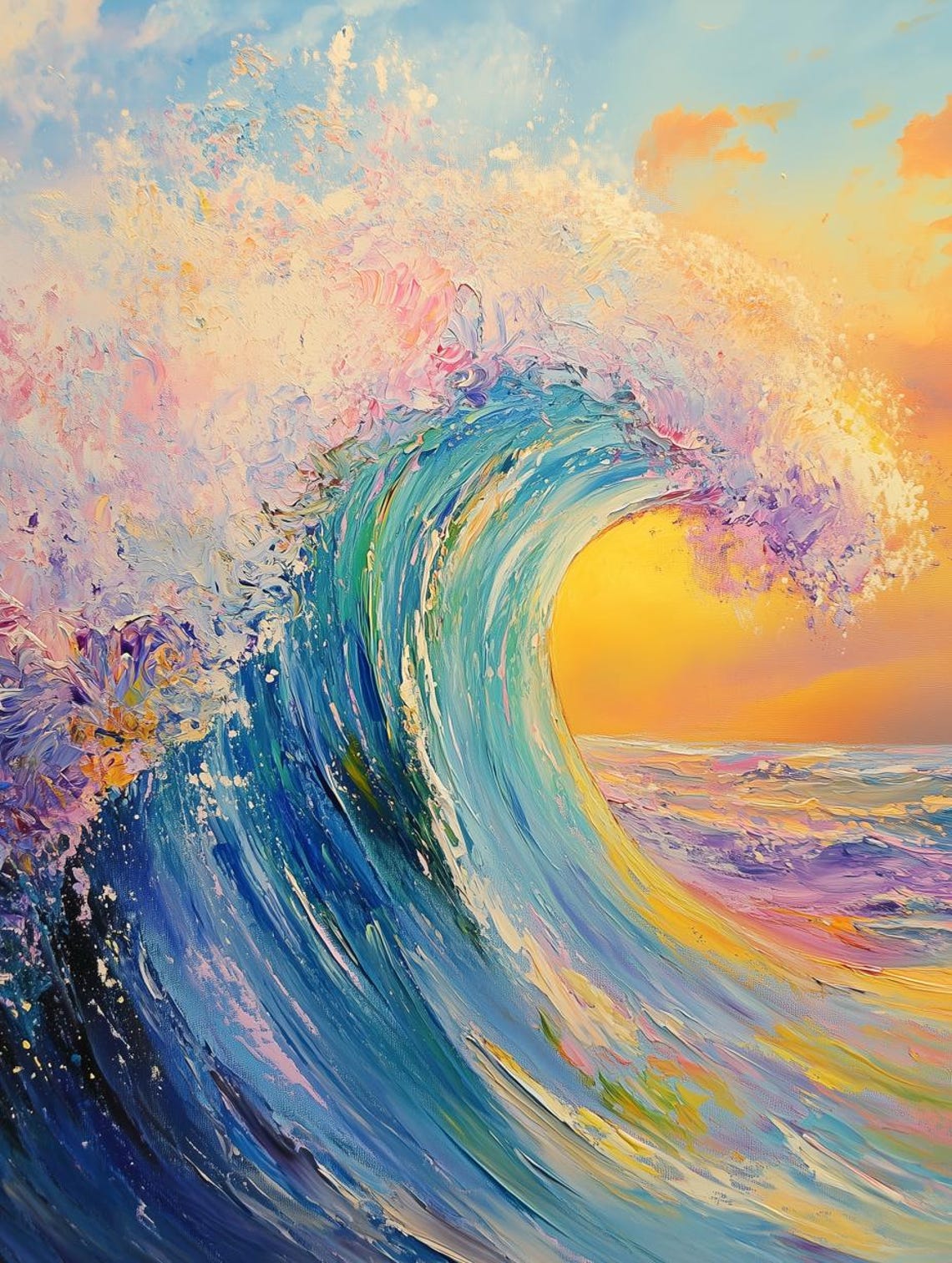 Dynamic Coastal Wave Print Inspired By Impressionist Styles With Bold Colors And Textured Finish For Home Decor