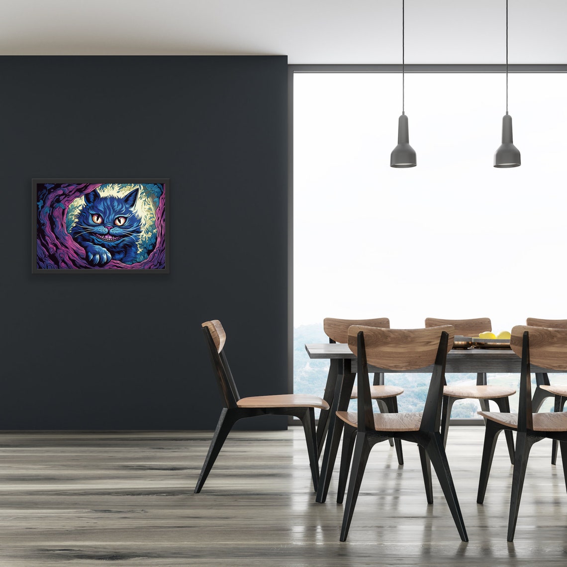 Blue Cheshire Cat Grinning In Tree Hollow Linocut Art Poster - Image 2