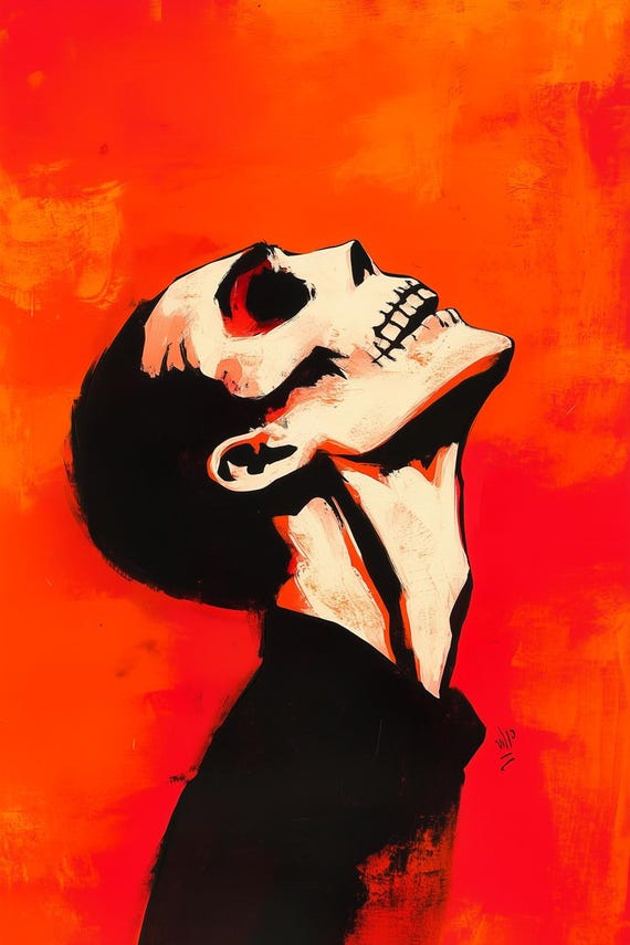 Bold Print Inspired By Edvard Munch Featuring A Striking Skull Against Fiery Orange Background Unique Wall Art Decor