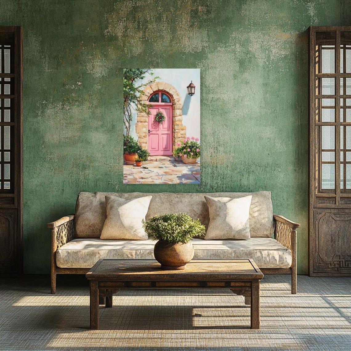 Pink Arched Door with Stone Frame and Blooming Flower Pots Poster - Image 4