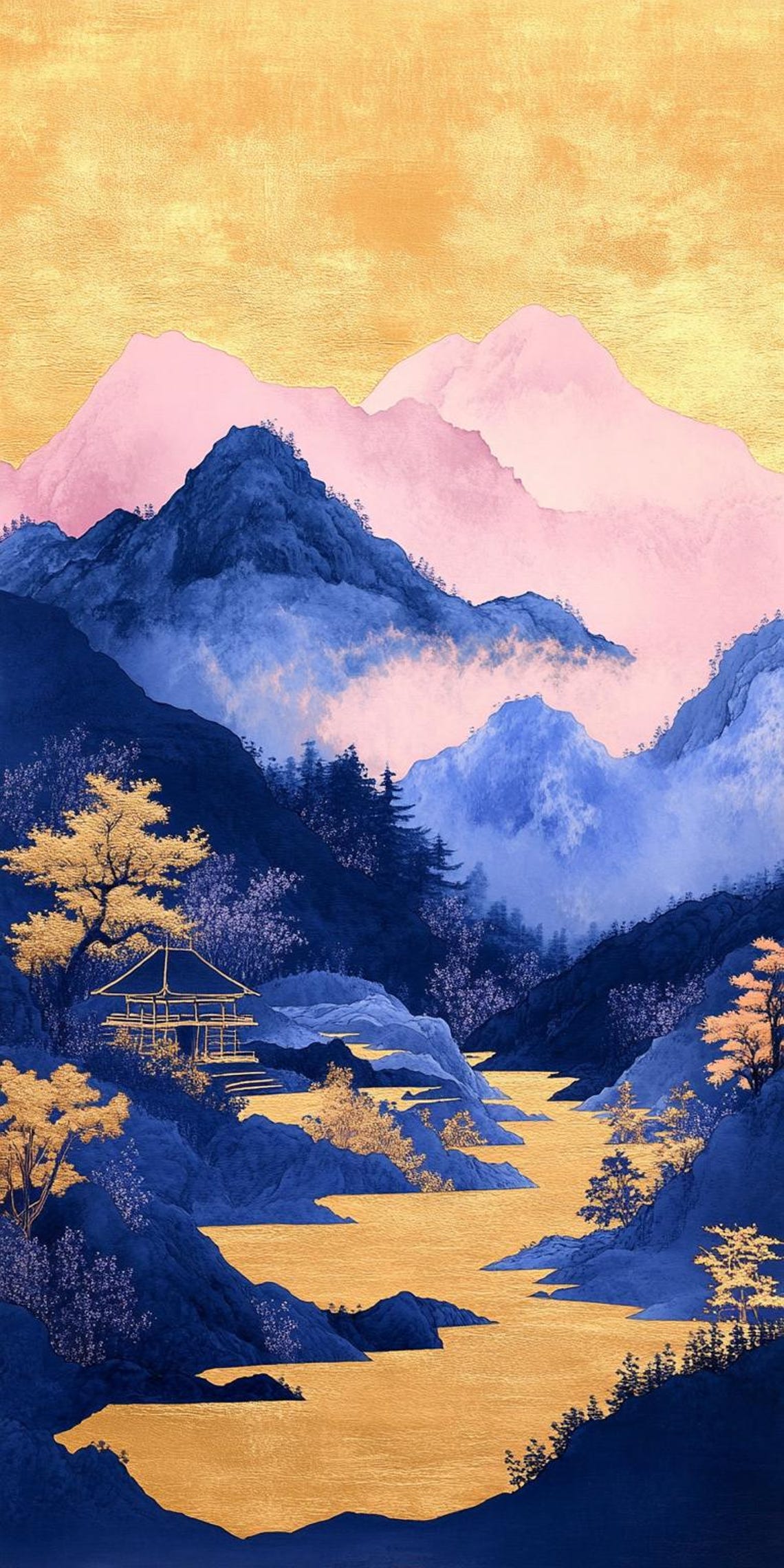 Asian Mountain Landscape Golden River Blue Peaks Golden Pagoda Poster
