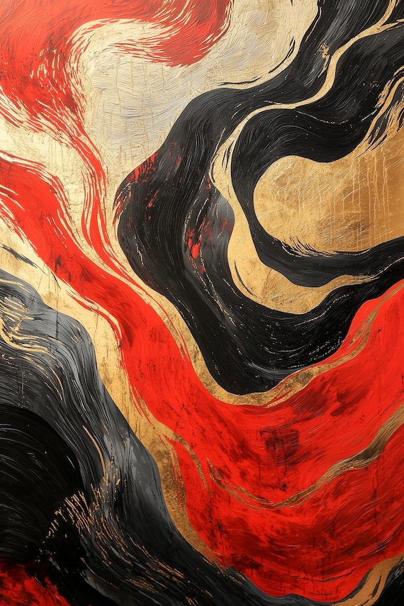Abstract Red Black Gold Swirl Fluid Modern Statement Art Poster