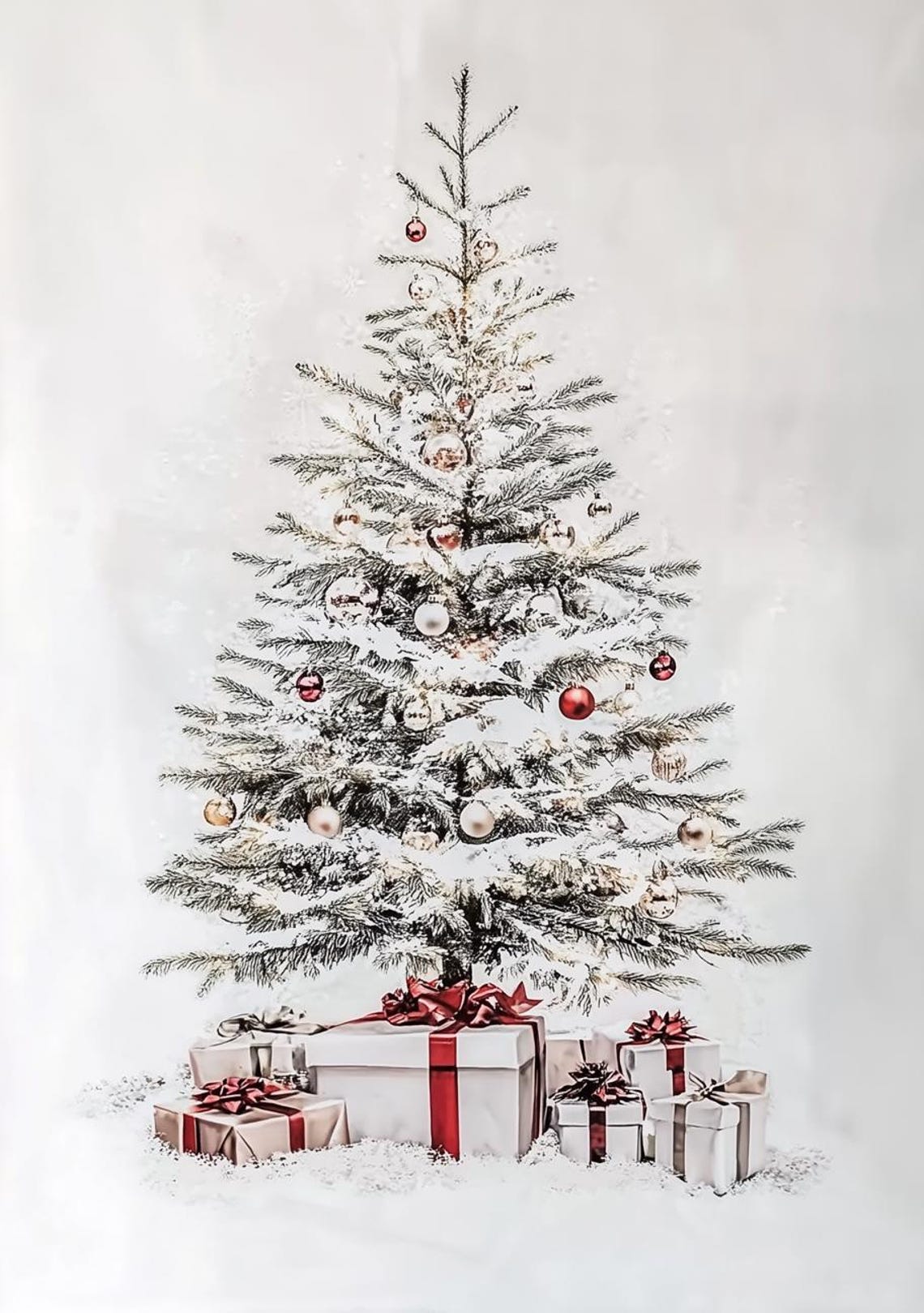 Snowy Christmas Tree With Gifts Red Ornaments Holiday Home Poster