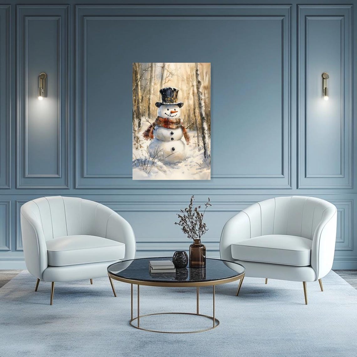 Cheerful Snowman in Top Hat and Plaid Scarf Winter Forest Poster - Image 2