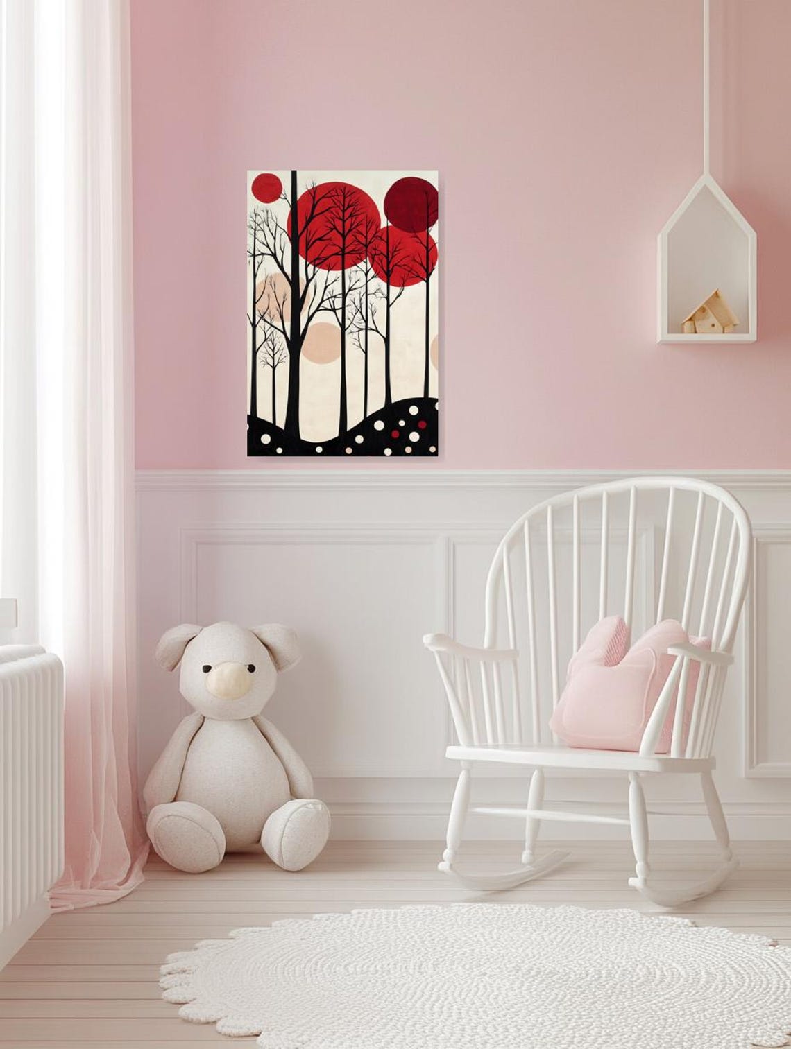 Modern Abstract Tree Art Print In The Style Of Klee With Red And Beige Circular Elements For Unique Home Decor - Image 3