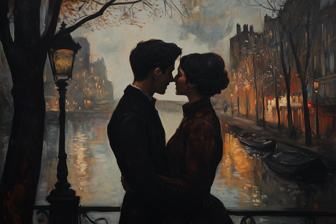 Romantic Night Kiss On City Bridge Canal Lights Painting Poster
