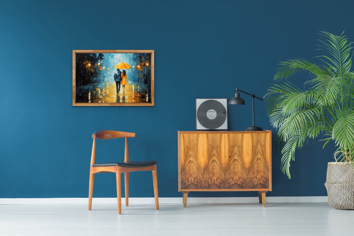 Couple Under Umbrella on Rainy City Street Night Impressionist Poster - Image 2
