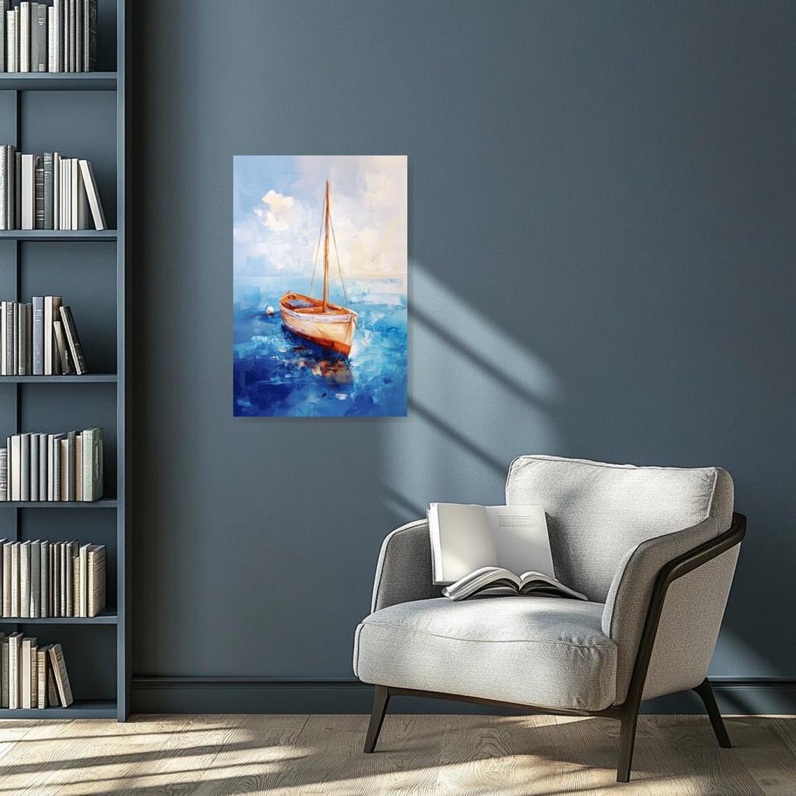 Sailboat Resting on Calm Blue Water Impressionist Style Poster - Image 2