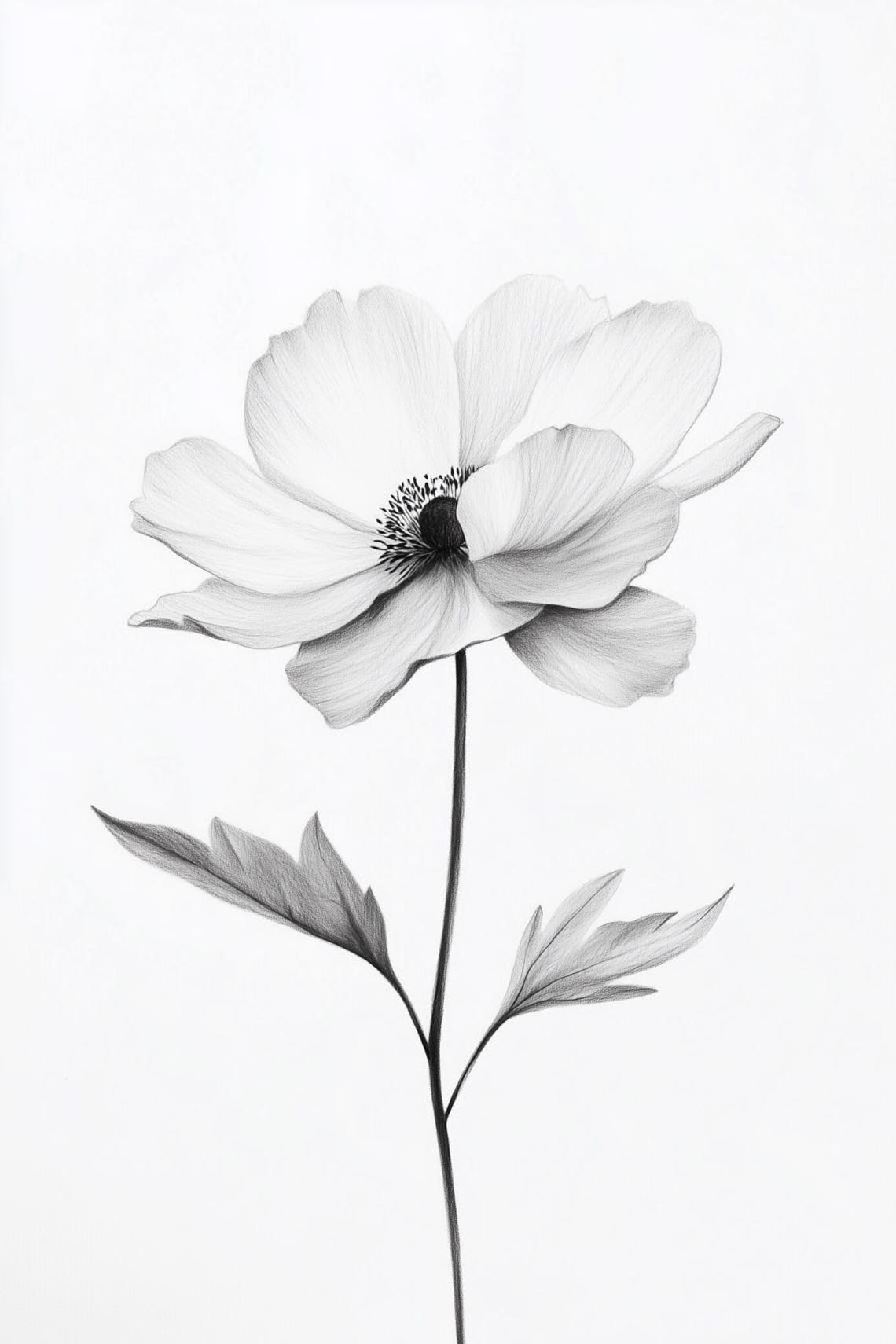 Black And White Anemone Flower Pencil Sketch Botanical Poster