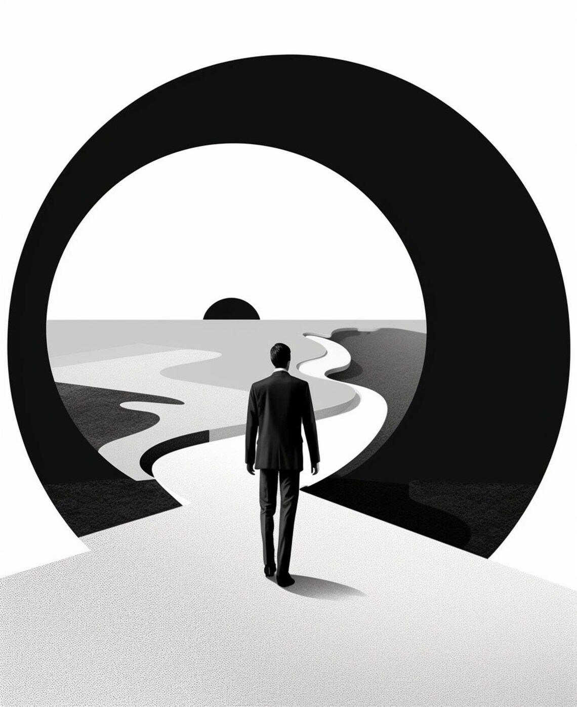 Man Walking Through Giant Circular Portal Black and White Art Poster