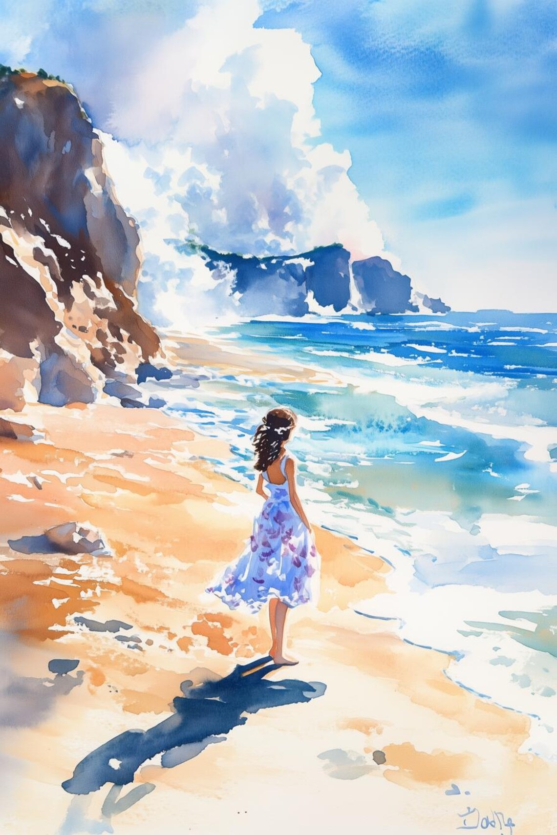 Young Woman in White Dress Sunny Beach Watercolor Seascape Poster