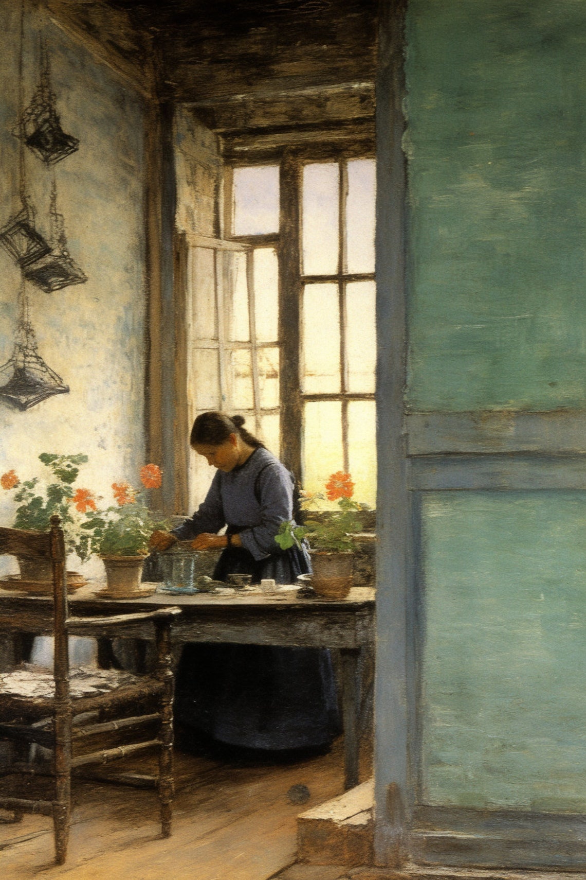 Quiet Country Interior Woman Arranging Flowers by Window Poster