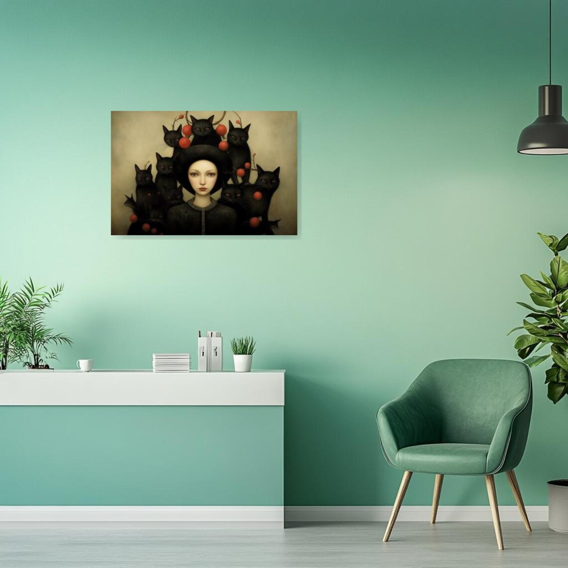 Pale Woman Surrounded by Black Cats Dark Surreal Whimsical Poster - Image 2