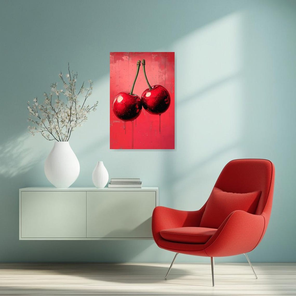 Glossy Juicy Red Cherries Dripping Pop Art Still Life Poster - Image 2