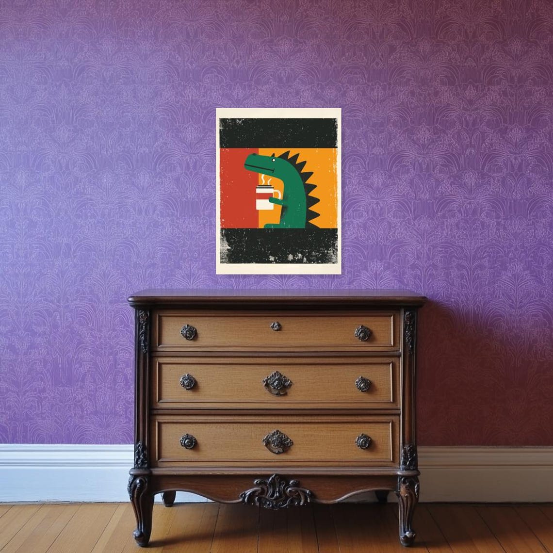 Green Dinosaur Drinking Coffee in Bold Retro Poster Style Poster - Image 5