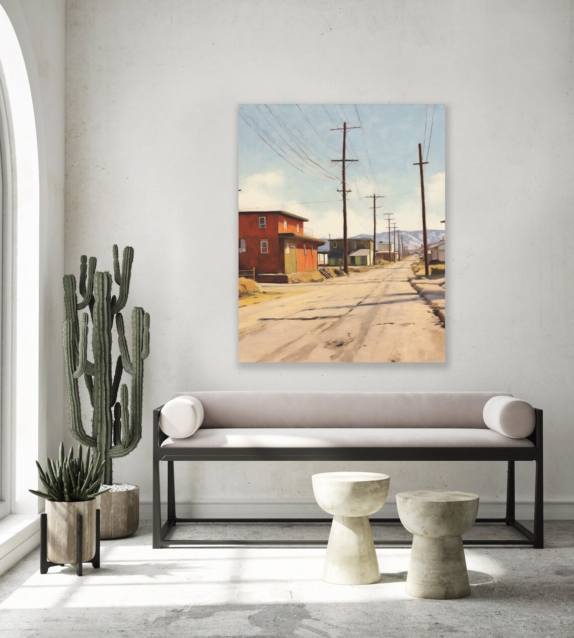 Americana Dusty Street with Red Building in Desert Sunlight Poster - Image 2