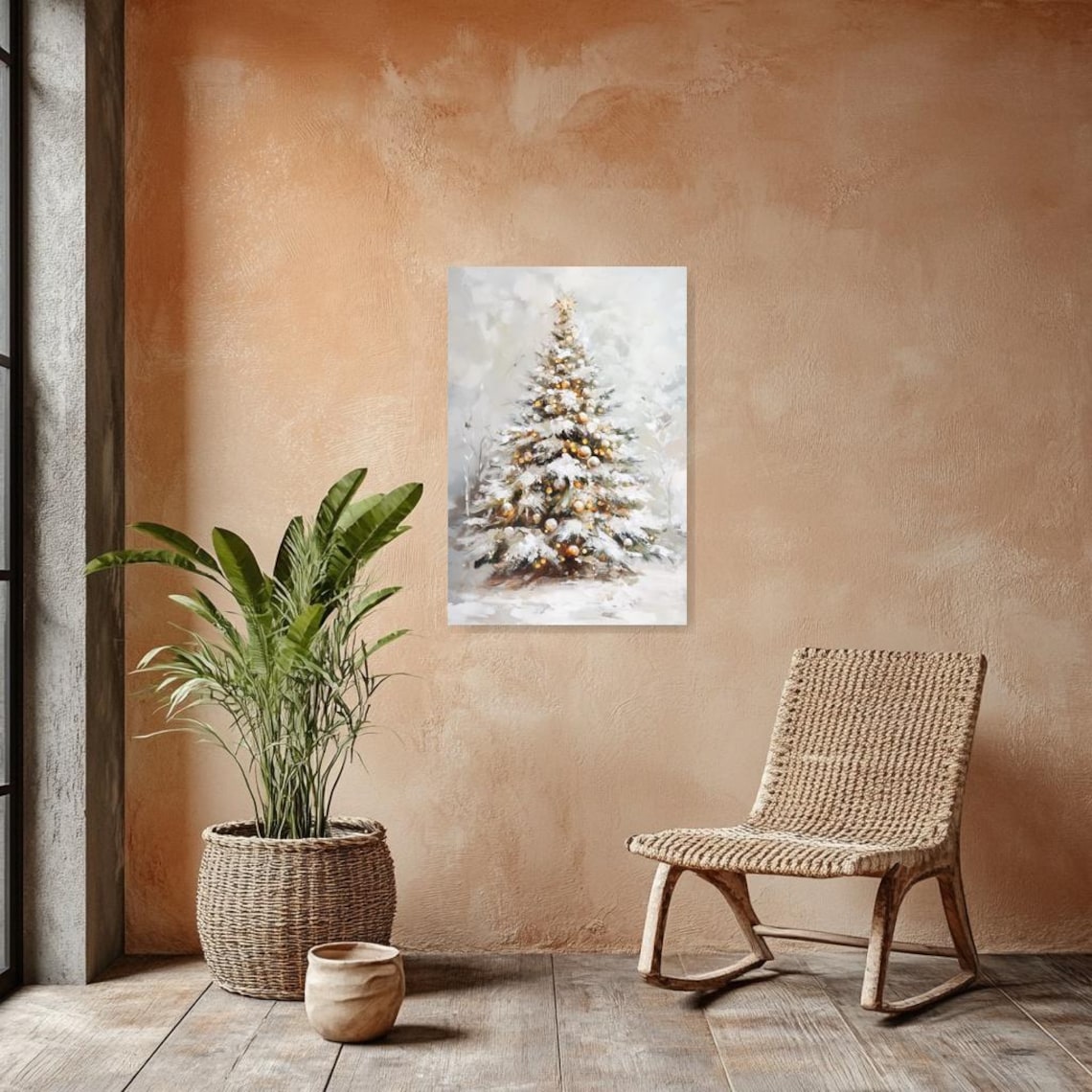 White And Gold Christmas Tree Snowy Elegant Holiday Art Poster - Image 3