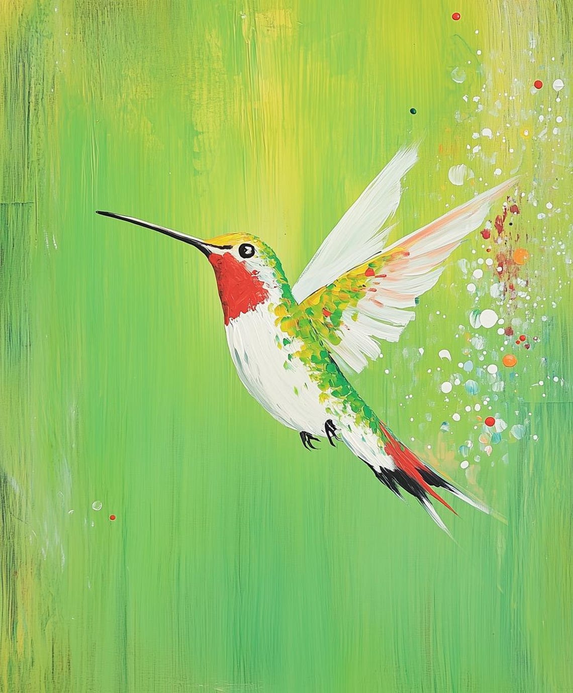 Colorful Hummingbird Abstract Green Background Bird Decor Poster