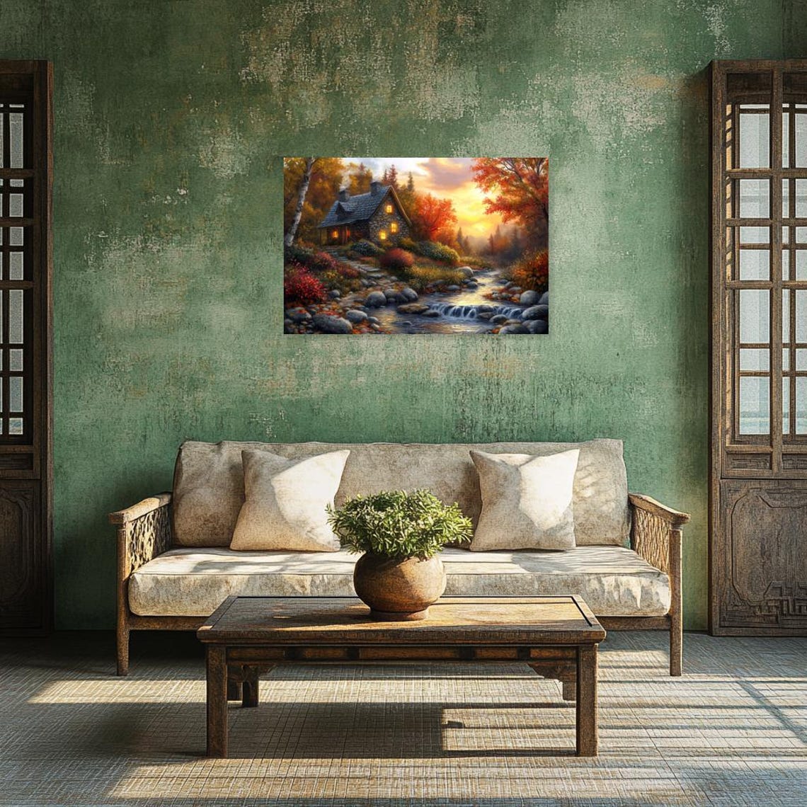 Charming Stone Cottage by a Stream in Autumn Sunset Glow Poster - Image 2