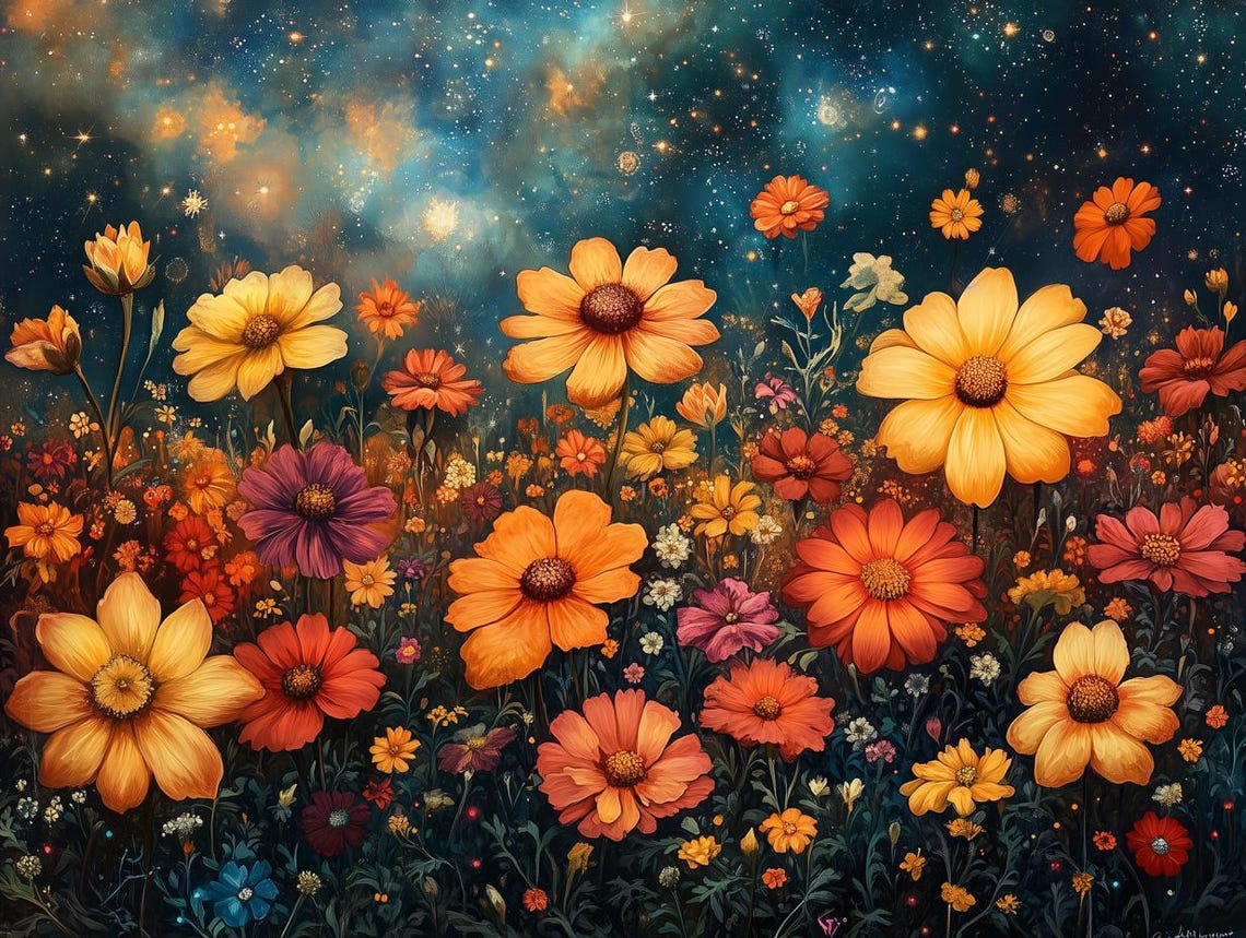 Vibrant Wildflower Field Blooming Under Starry Night Sky Poster