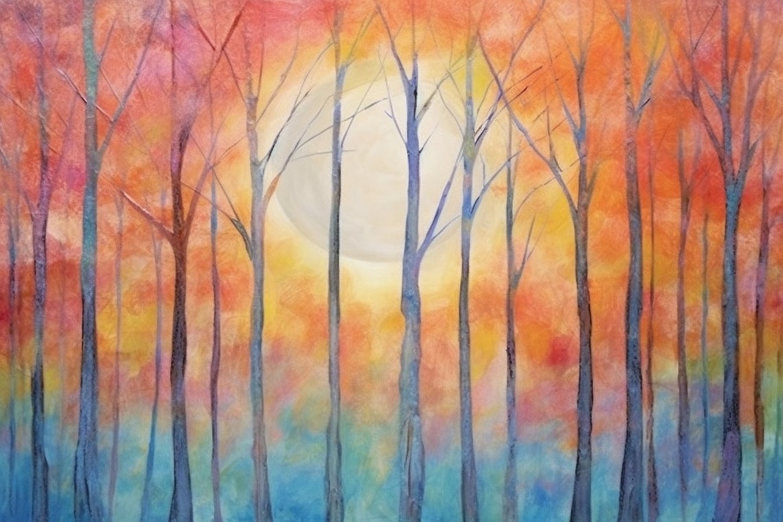 Ethereal Bare Trees at Sunset with Glowing Sun Watercolor Art Poster