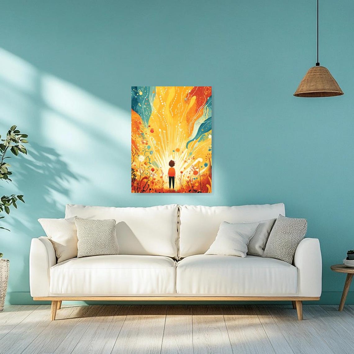 Boy Facing a Burst of Sunrise in a Whimsical Flower Field Poster - Image 3