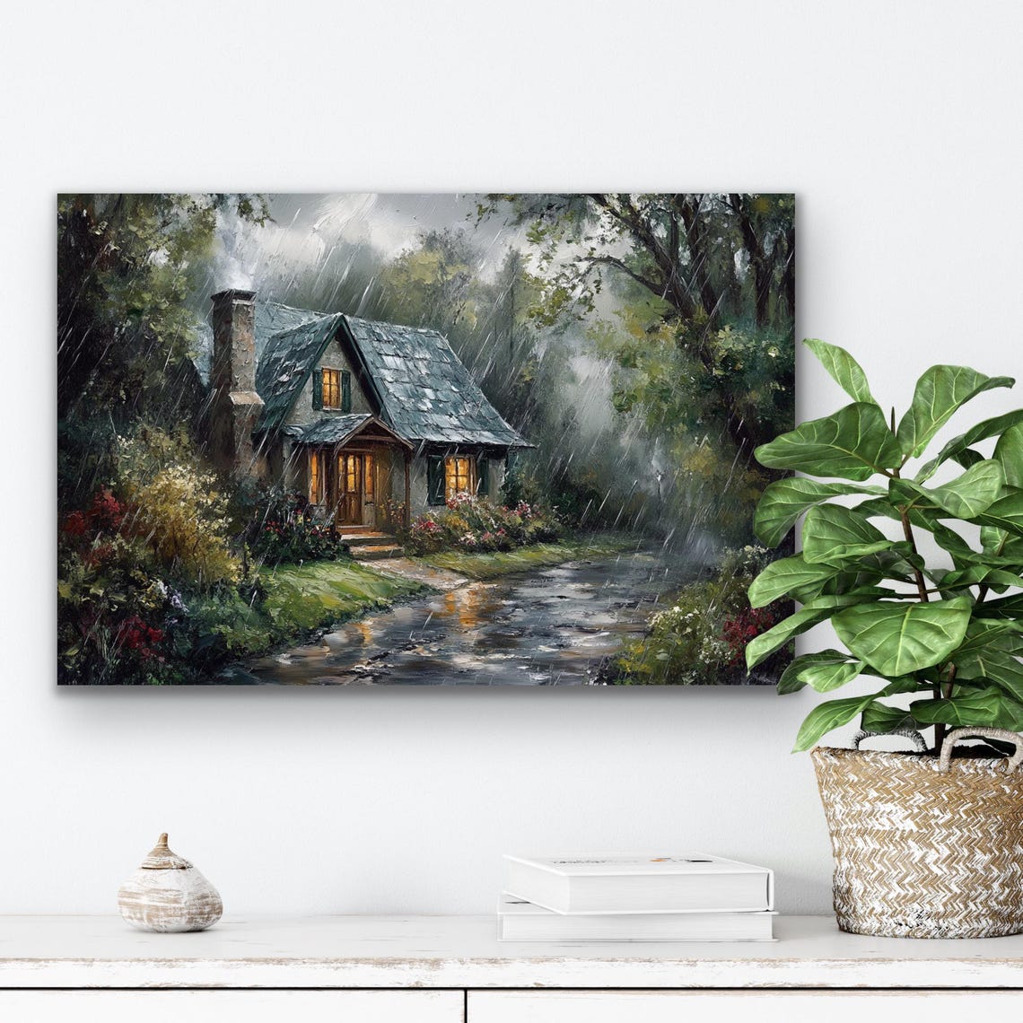 Cozy Stone Cottage In Rainy Woods Warm Glowing Windows Night Poster - Image 2