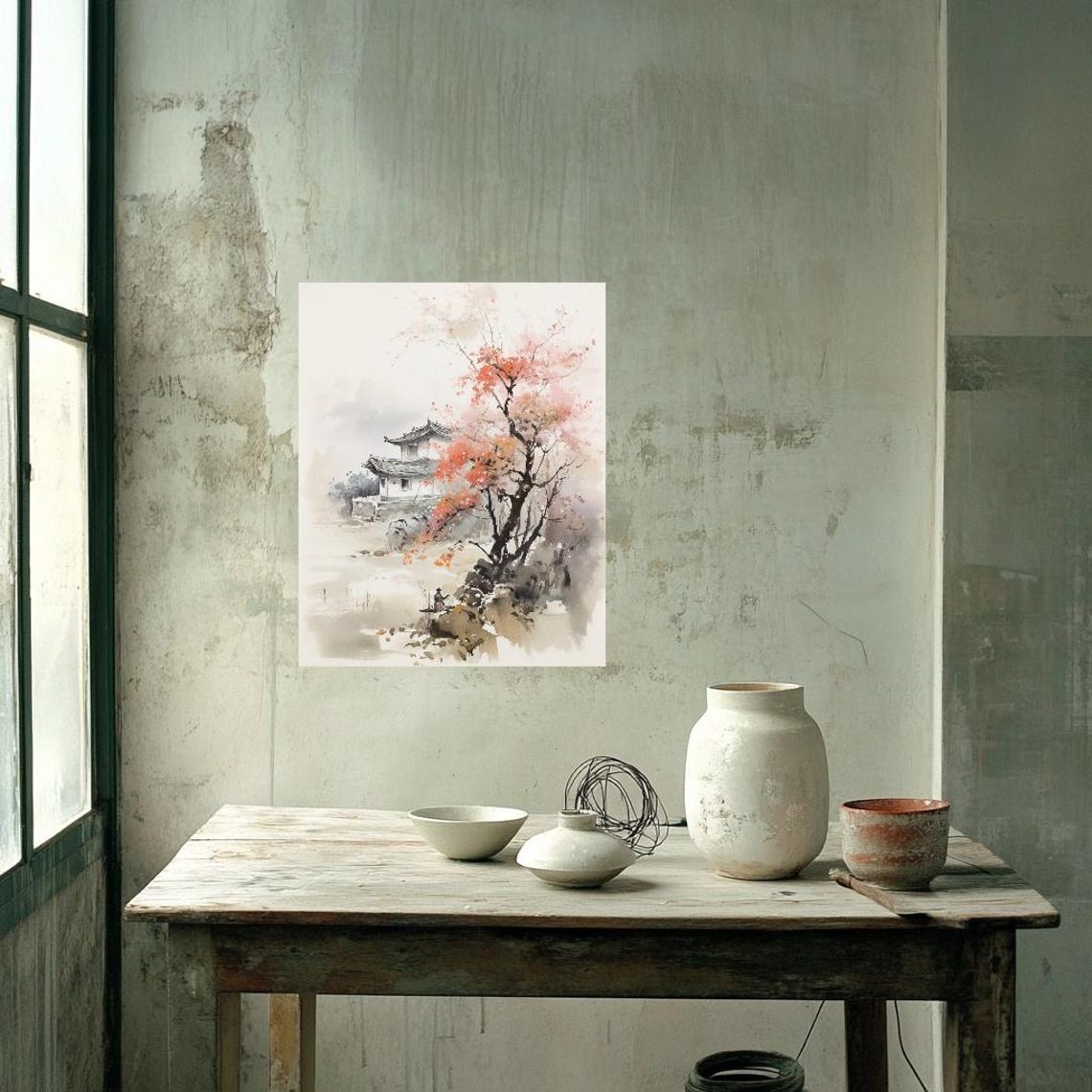 Chinese Ink Wash Pagoda Blossom Tree Serene Landscape Poster - Image 2