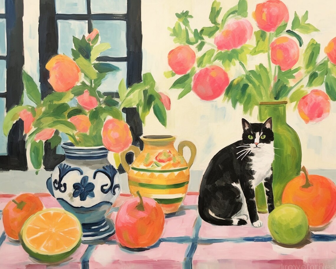 Matisse Style Still Life Cat Pink Blossoms Vases Citrus Fruit Wall Poster