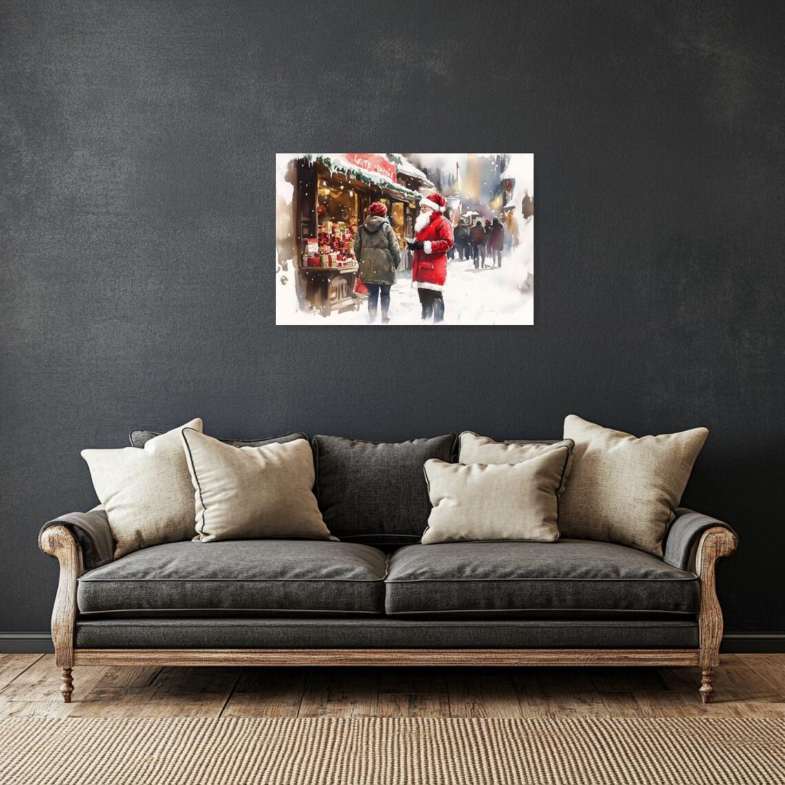 Santa Claus at a Snowy Christmas Market Watercolor Scene Poster - Image 2